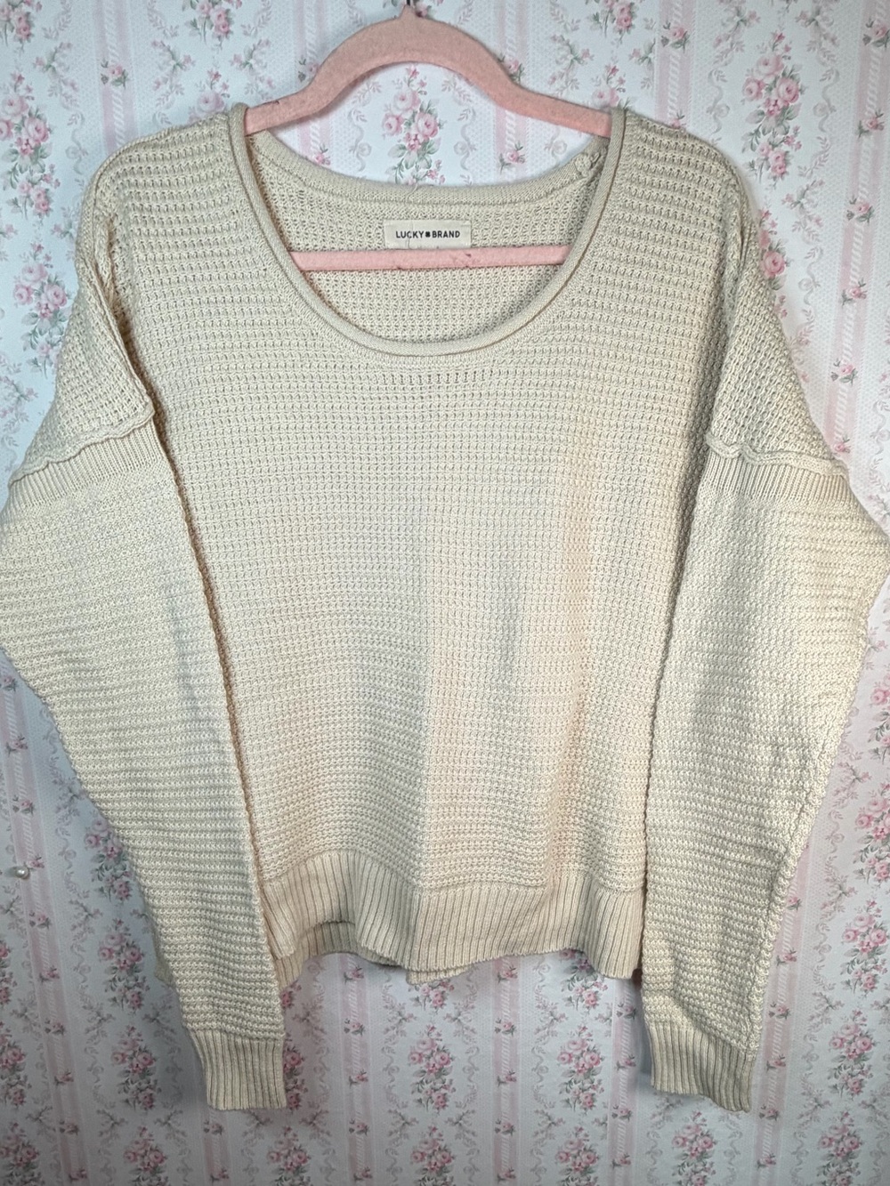 Lucky Brand Waffle Knit Sweater Cream Ivory Oversized M